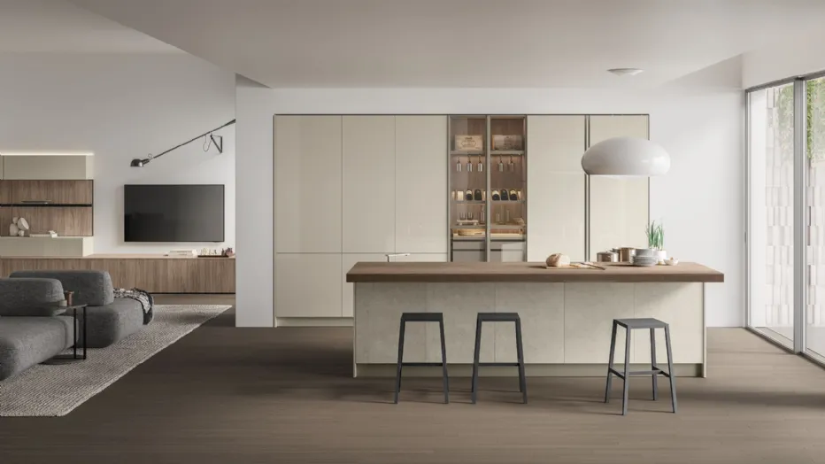 Thermo-structured Noce Eucalipto, gloss Canapa lacquer, Shilin Neolith worktop