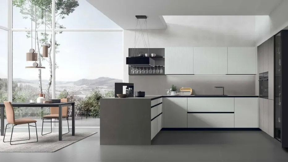 Neolith® Cement Satin columns and tops, matt Canneté Ice Glass bases and wall units, Fenix® Nero Ingo line panelling