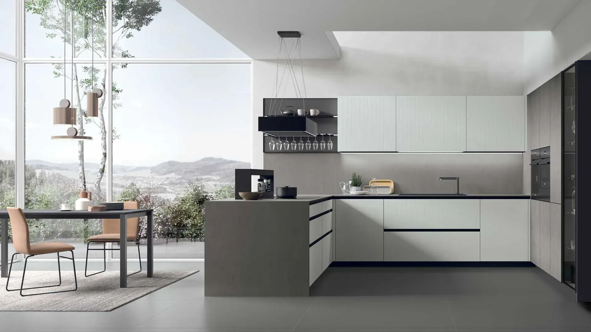 Neolith® Cement Satin columns and tops, matt Canneté Ice Glass bases and wall units, Fenix® Nero Ingo line panelling