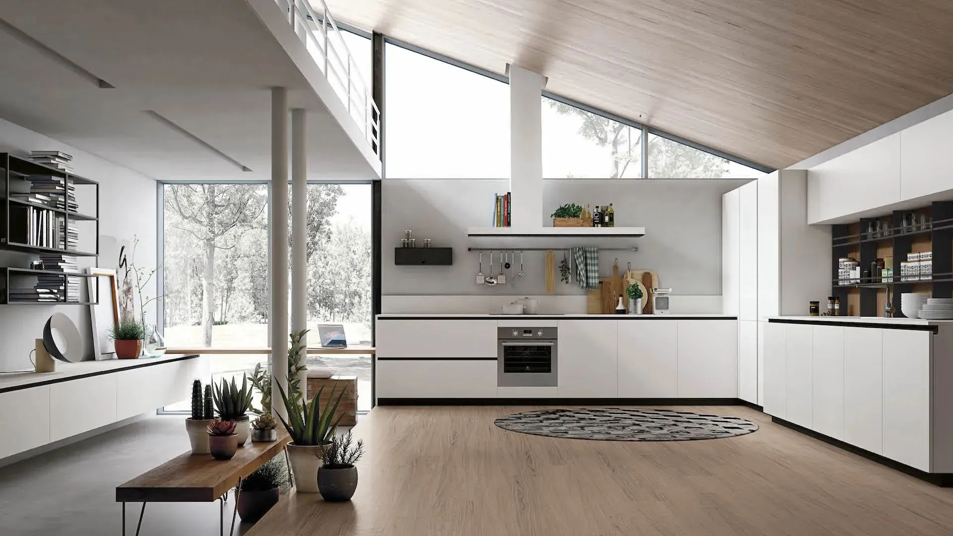 Base units, wall units, and columns in matt Ice White lacquer. Brushed Black grip profile and plinth.