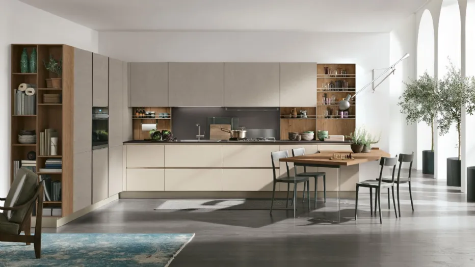 Thermo-structured Rovere Nodato, Cemento Visone laminate, matt Cachemere Pet, Grigio Aragona Fenix worktop.