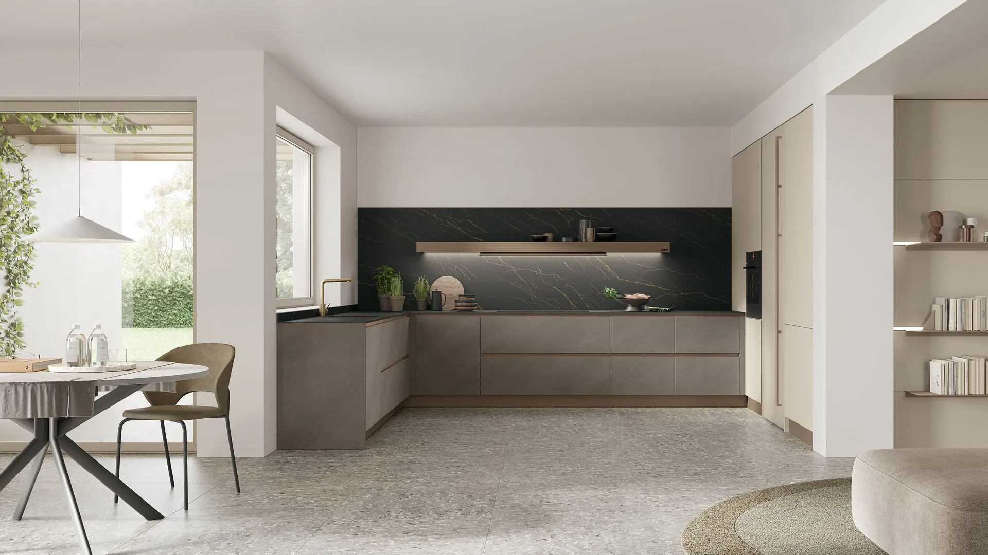 Matt Cachemere Pet, Malta Ombra laminate, Oro Nero HPL worktop.