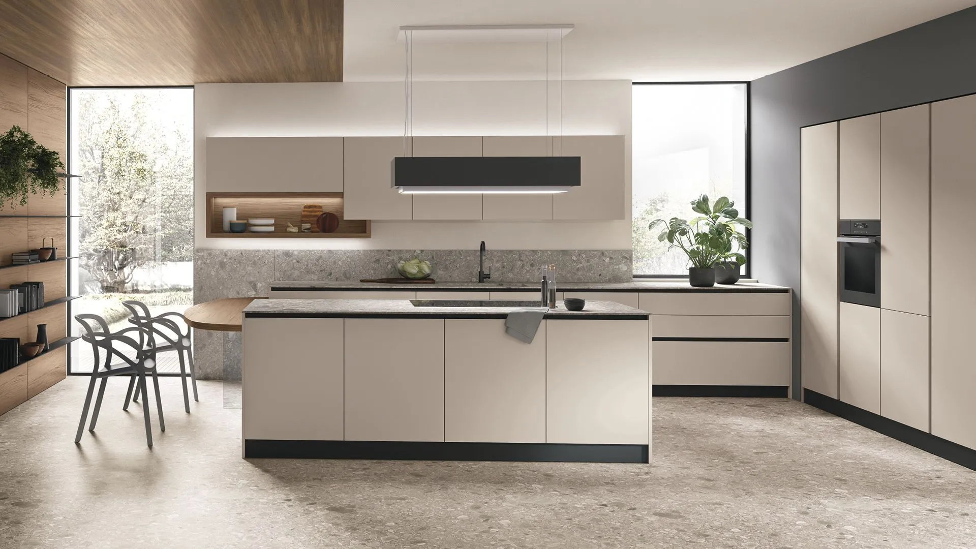 Thermo-structured Rovere Anice, matt Beige Seta Pet, Terrazo Ceppo Neolith worktop.