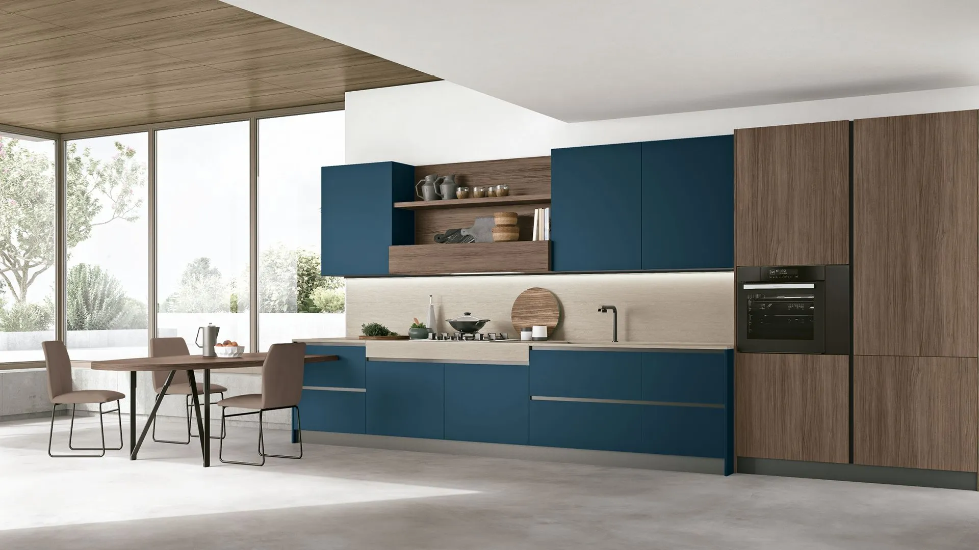 Thermo-structured Rovere Liquirizia, matt Blu Marino Pet, Travertino HPL worktop.