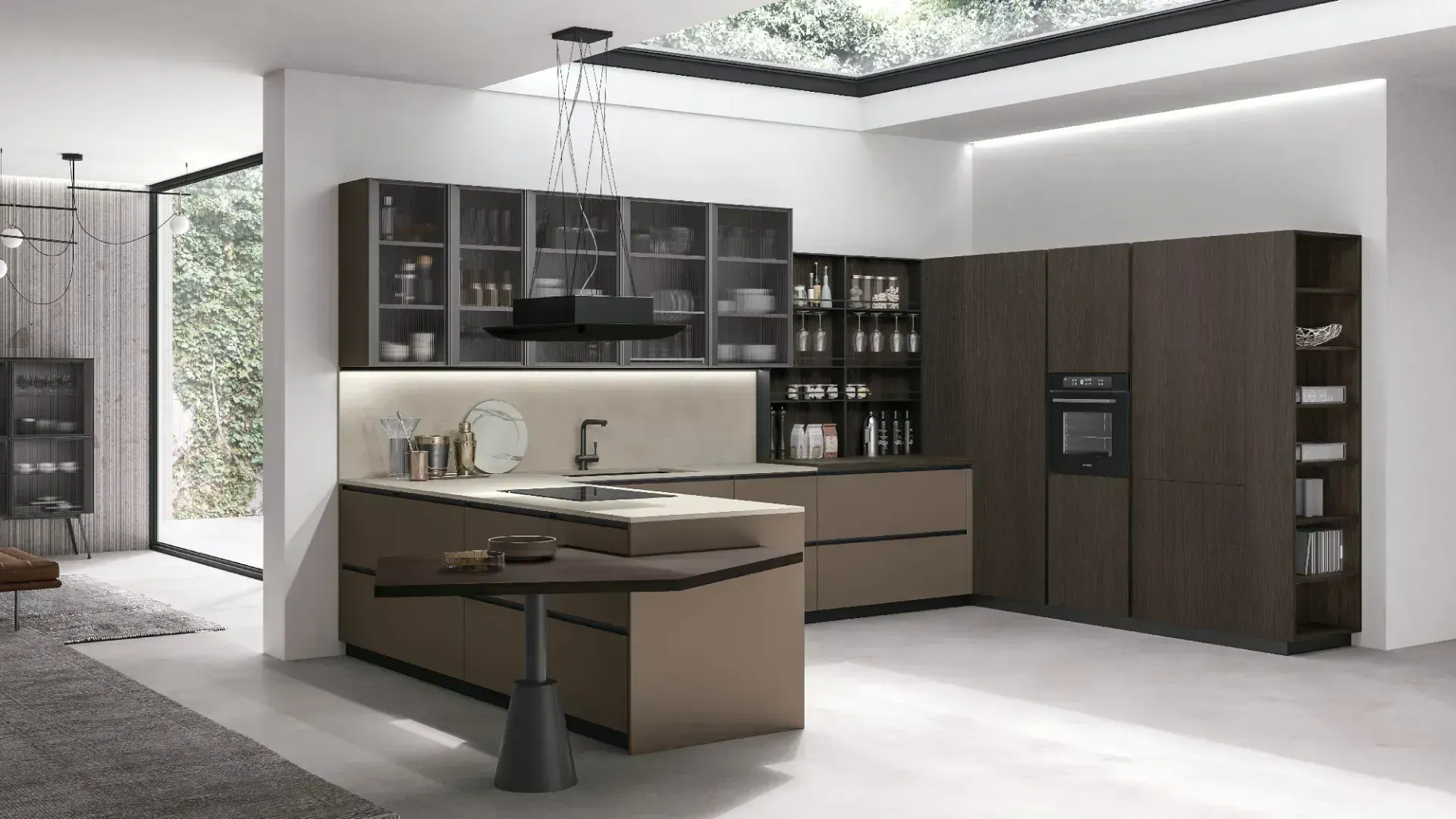 Matt Caffè Pet bases, Conero Oak columns, Neolith® Pietra di Luna Silk top.