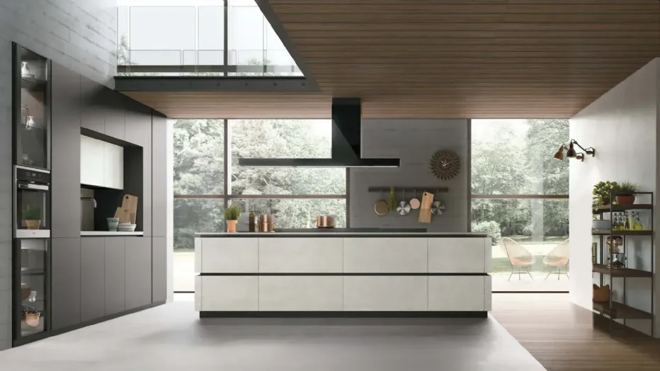 Island in textured Cement White with Petit Granit marble hob. Portal composition in matt Pet Grau and textured Cement White. Top in textured Cement White.
