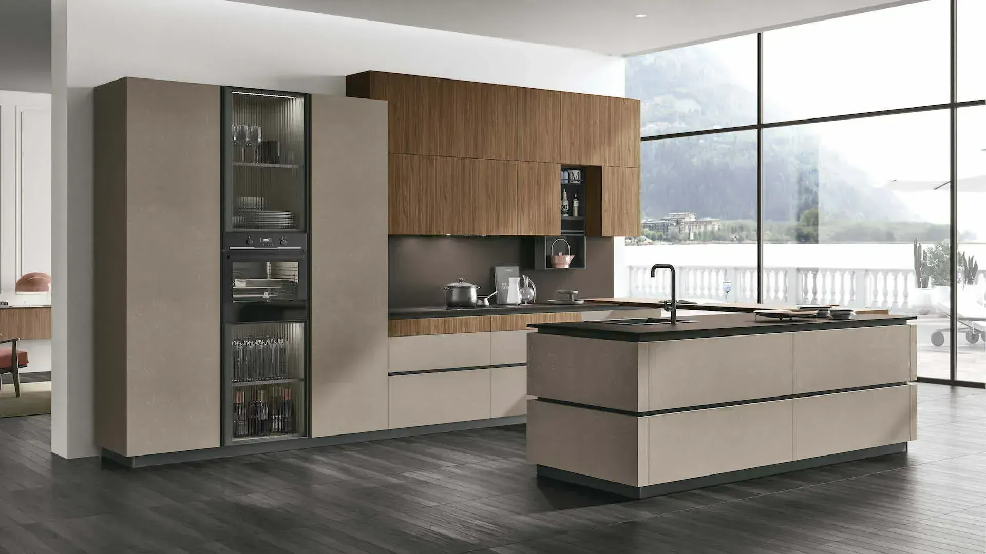 Island and columns in Visone Cement. Wall units in Eucalyptus Walnut. Countertop and backsplash in Orinoco Cacao Fenix. For-Me open units in Brushed Black.