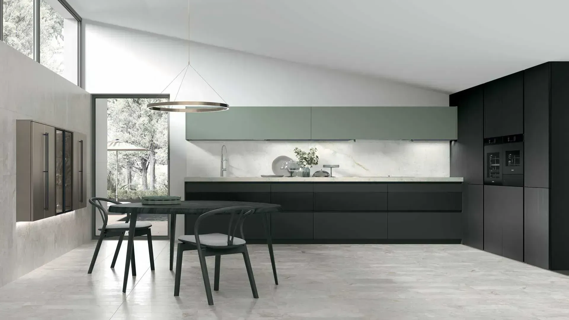 Fenix® Blu Shaba base and wall units, Linea boiserie and Fenix® Nero Ingo top, Riga Walnut Eucalyptus columns, Walnut Eucalyptus display cabinets
