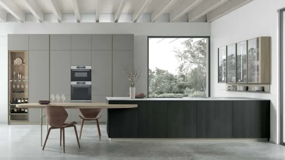 Black Larch bases, Eucalyptus Walnut oval top and display cabinets, Matt Smoke Grey Millerighe Pet columns