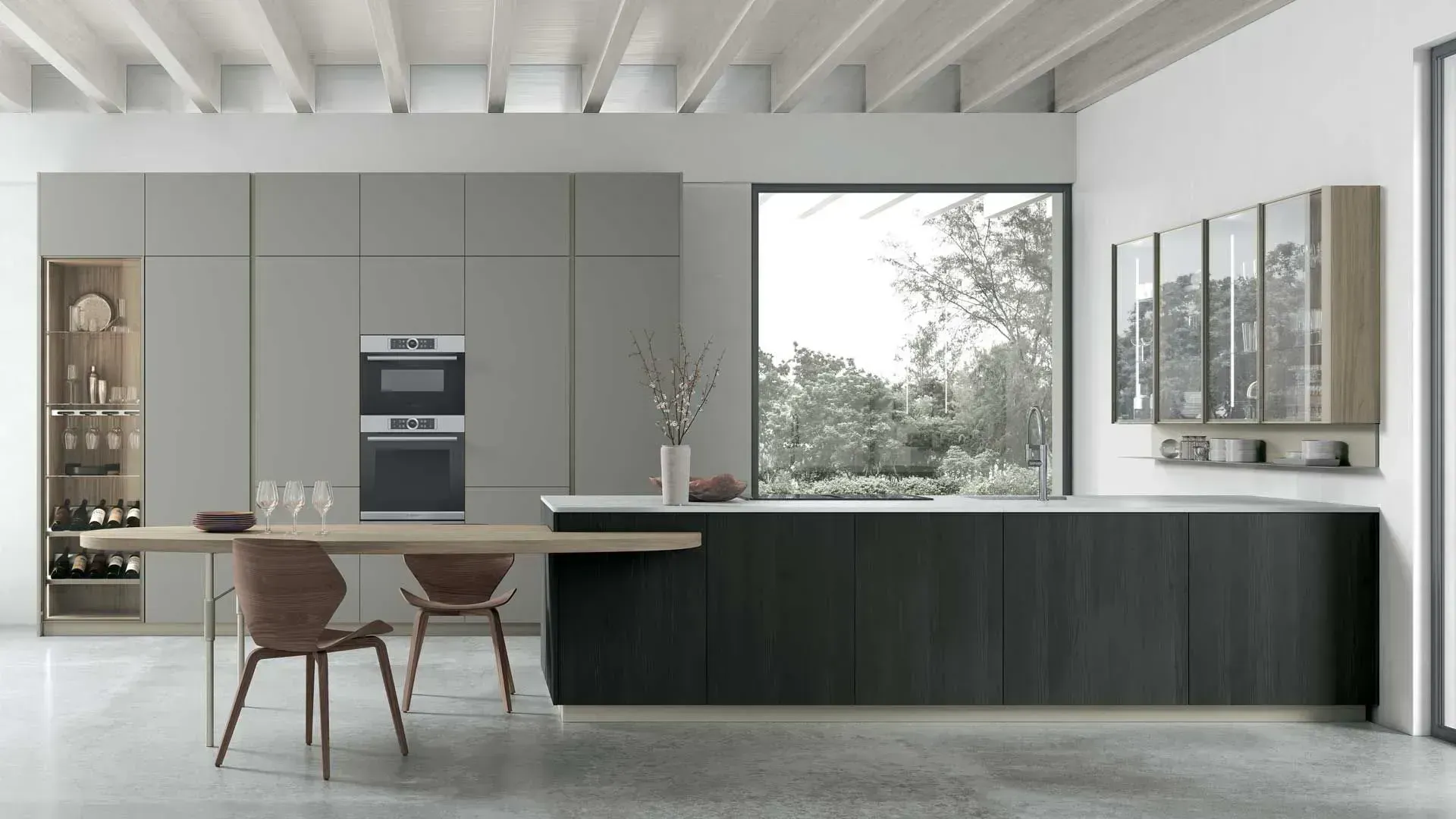 Black Larch bases, Eucalyptus Walnut oval top and display cabinets, Matt Smoke Grey Millerighe Pet columns