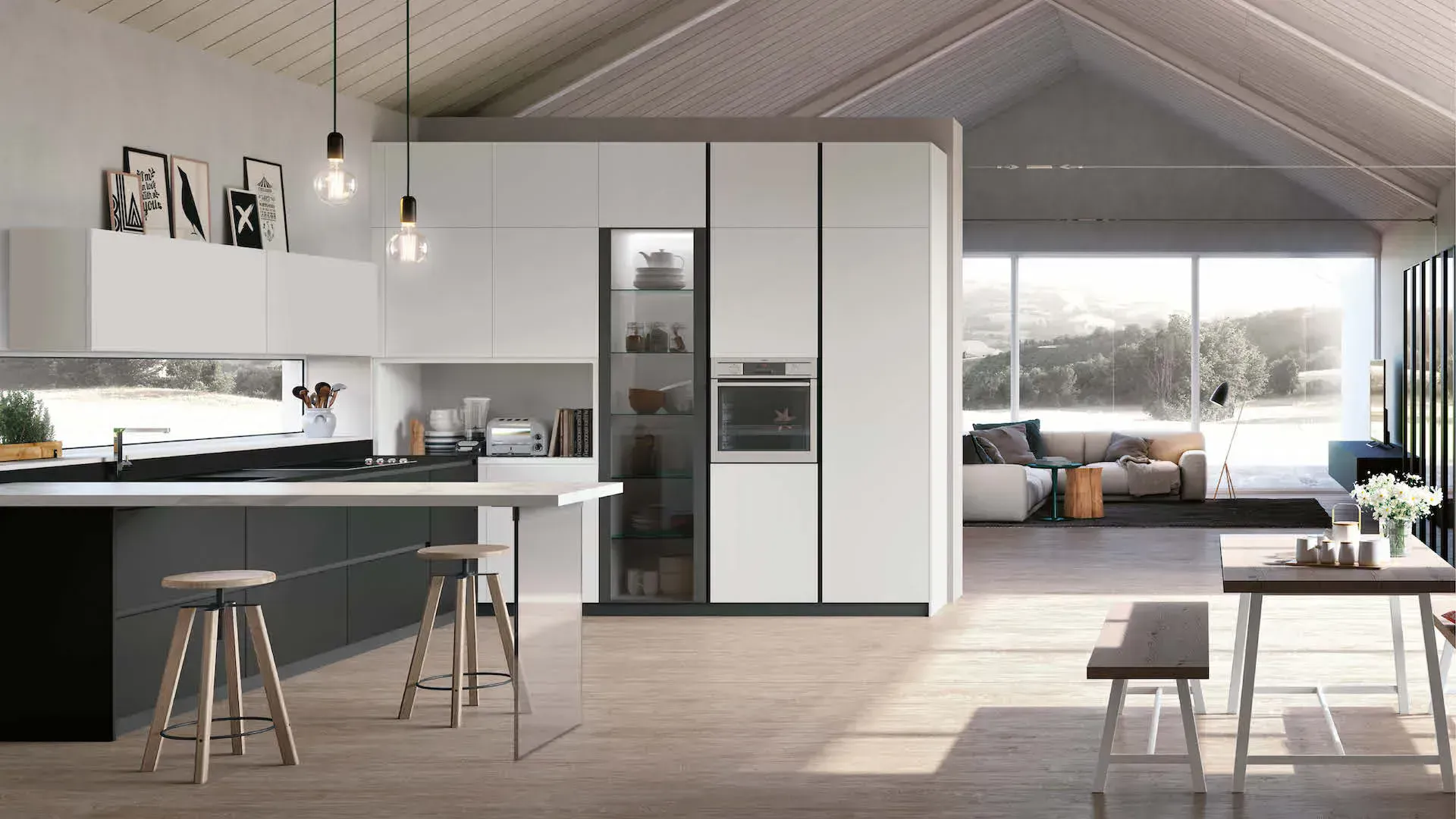 Matt black Pet base units, matt absolute white Pet wall units and columns. Ingo black Fenix ​​worktop. Calacatta laminate snack top.