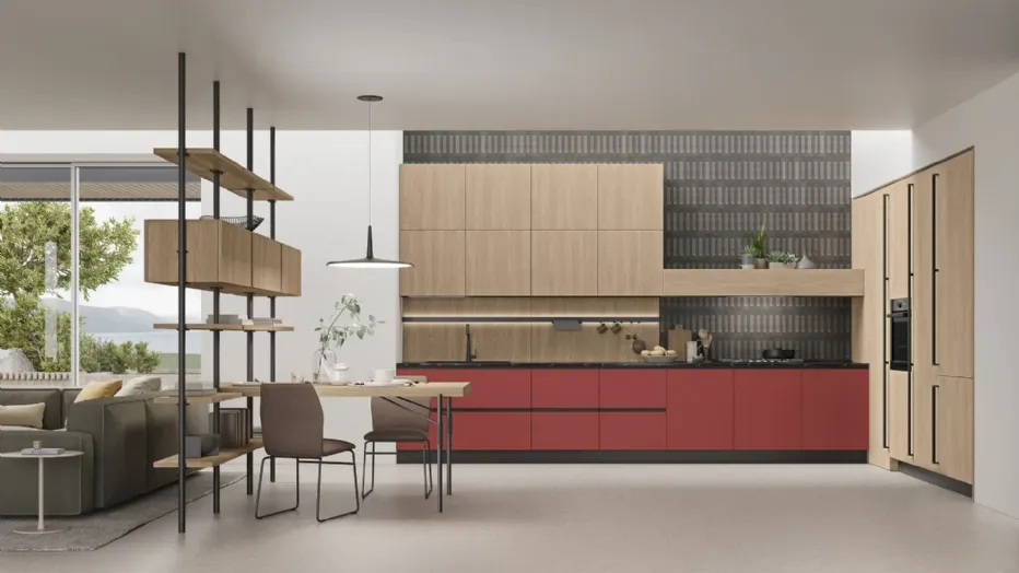 Marine Walnut, Coral, and a glossy Fossil Brown laminate countertop meet in the kitchen with their different materials and characteristics.
