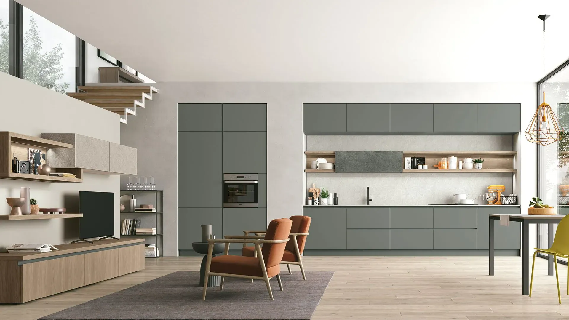 This kitchen's ambience encompasses passions, yet still opens to hospitality. Marino Walnut, Giada, Giada Stone, Agorà laminate countertop.